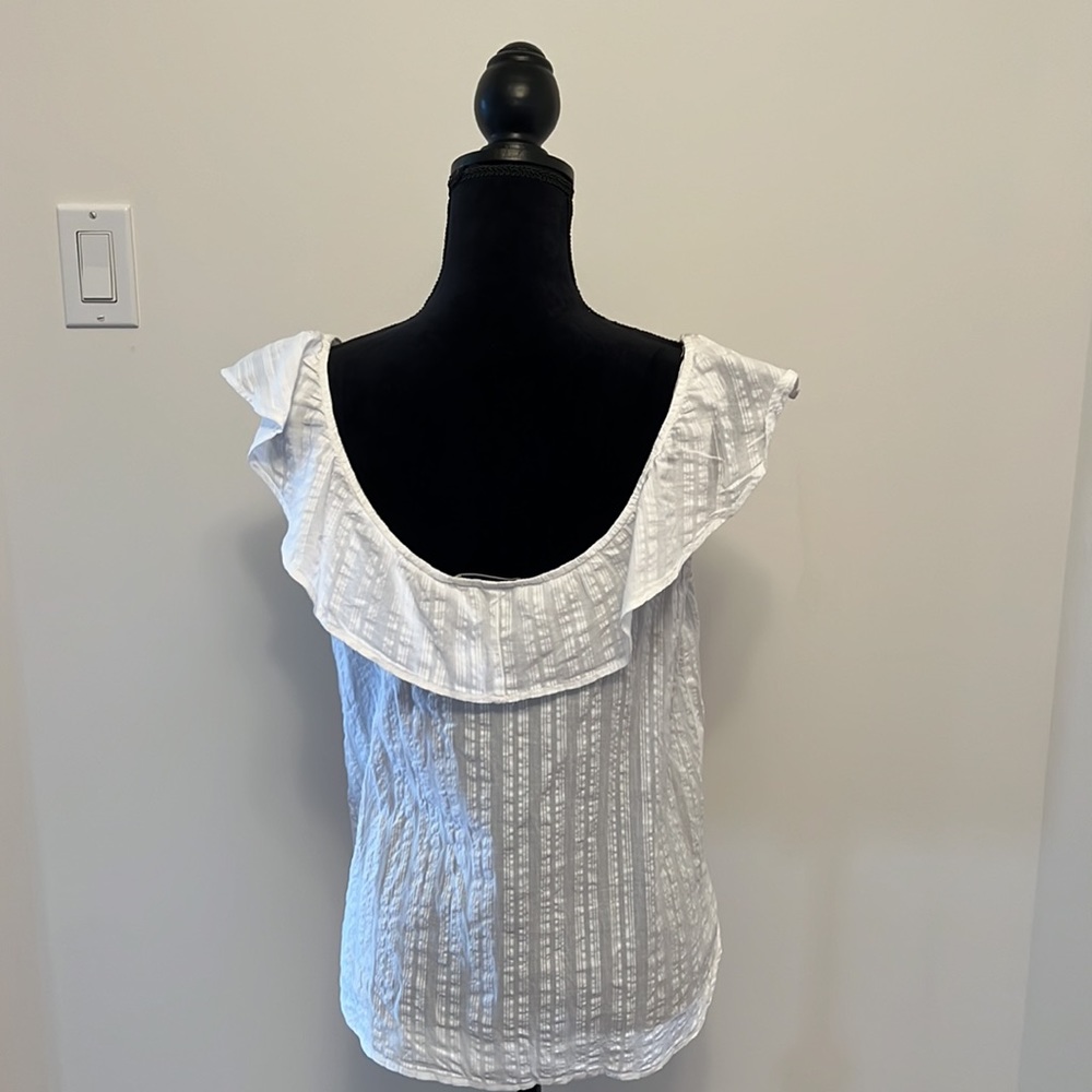 White Ruffle V-Neck Women's Top - Picture 3 of 4